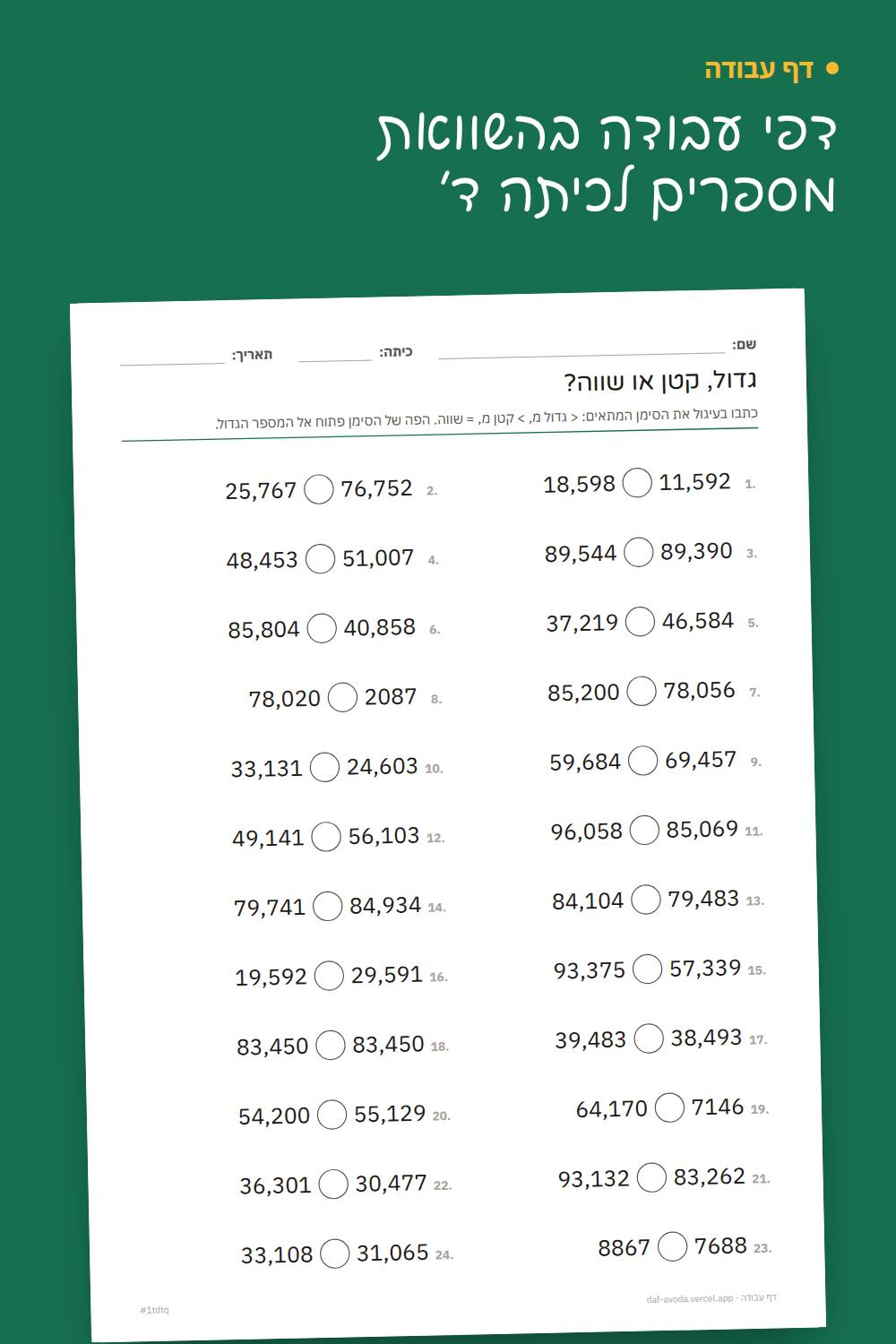 דוגמה: דפי עבודה בהשוואת מספרים לכיתה ד׳