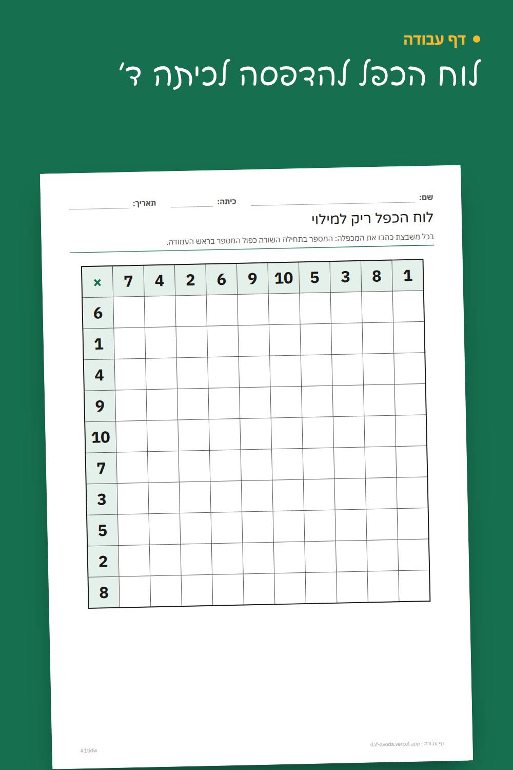 דוגמה: לוח הכפל להדפסה לכיתה ד׳